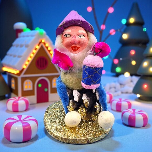 Vintage 1950s Japan Putz Elf Gnome Spun Cotton Lantern Purple Hat Christmas Deco - Picture 1 of 10